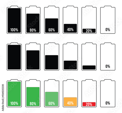Battery Icon Set – Power Level Indicators and Charging Symbols in Flat Vector Style