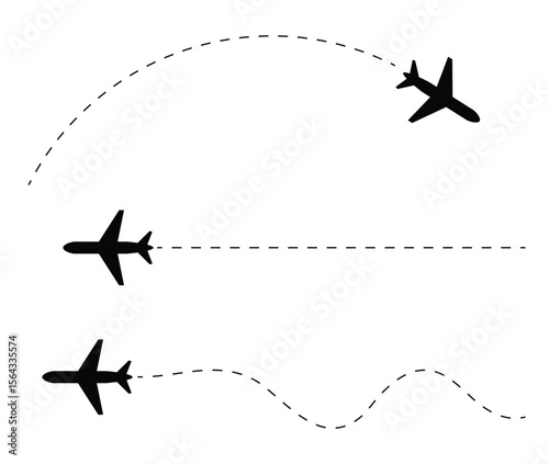 Airplane Flight Path Icons – Silhouette and Dotted Line Vector Set for Travel Design