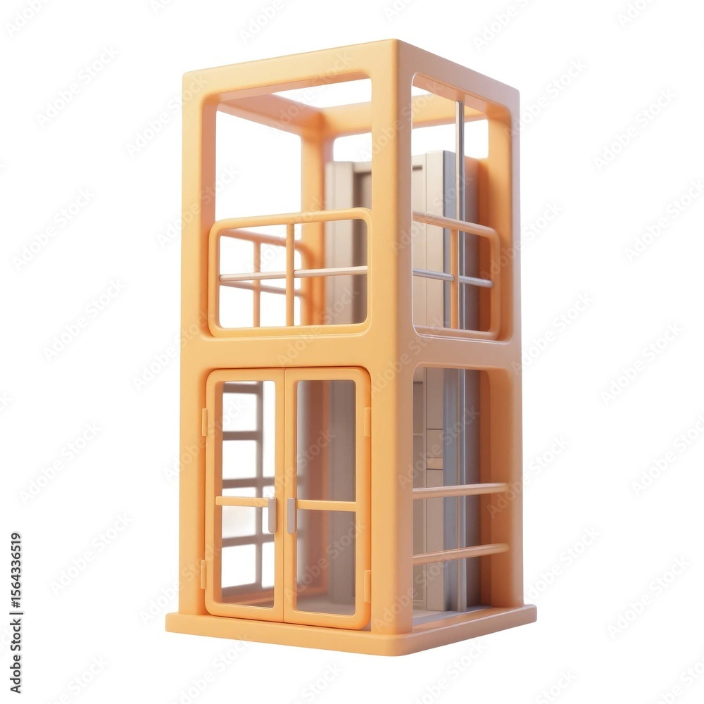 Obraz premium Abstract Architectural Model: An isometric rendering showcases a simplified architectural model of a lift or elevator, emphasizing its form and structure with clean lines and a minimalist design.