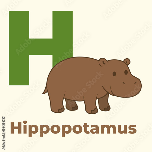 Adorable cartoon hippopotamus with the letter H. Ideal for preschool alphabet flashcards, kids learning posters, animal books, and educational content. Flat vector art style.