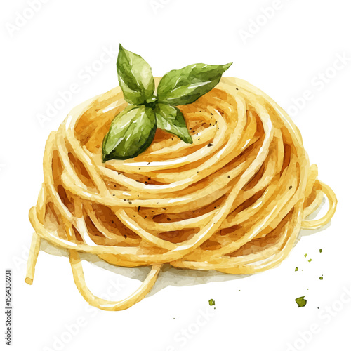 My Watercolor illustration with spaghetti rolls with basil painting isolated on a white background, illustration, AI painting design, vector set, eps format, My illustration design