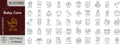 Baby Care Line Icons: Newborn, Nursery, Parenthood and Childhood Essentials. Editable Stroke
