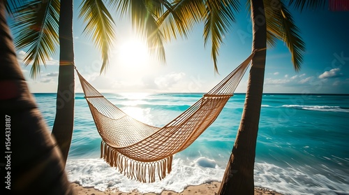 Relaxing Hammock Between Palm Trees on a Tropical Paradise Beach