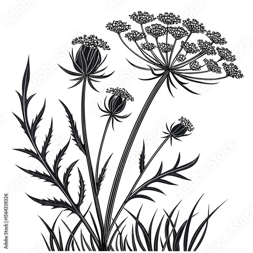 Elegant Black and White Botanical Illustration: Wildflower Line Art Print,  Floral Design Element, Nature Graphic, Botanical Art