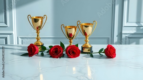 Golden Trophies with Red Roses – Celebration and Achievement Concept