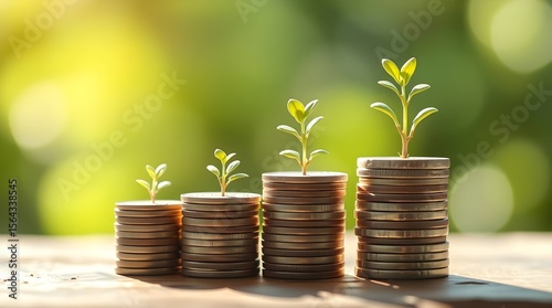 Coins Stacked with Growing Plants Representing Investment and Financial Growth