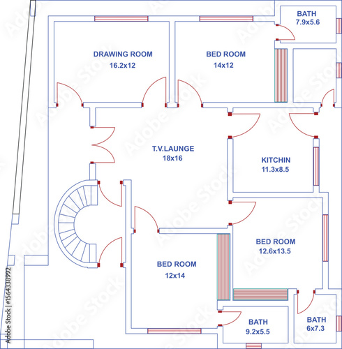 "Architectural vector floor plan with labeled rooms, staircase, and precise dimensions including kitchen, baths, bedrooms, and lounge for home design projects"