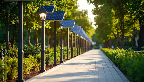 Pathway to Illumination: A neatly-paved pathway illuminated by solar-powered streetlights, symbolizing a sustainable approach to energy usage and a commitment to a greener future.