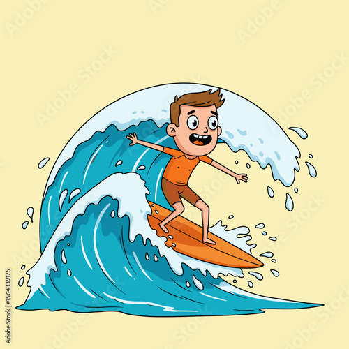 Cartoon character surfs a giant wave, wearing an orange shirt and brown shorts on an orange board, with splashing water adding motion and excitement.