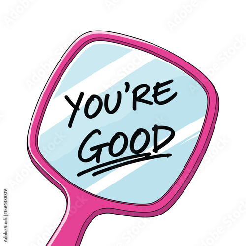 Motivational hand mirror with positive affirmation, empowering self-esteem boost concept design