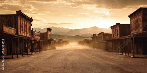 Wooden structures line a dusty thoroughfare in this nostalgic scene.