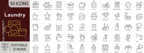 Laundry Line Icons: Machine, Clothes, Cleaning and Care Vectors. Editable Stroke