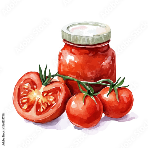My Watercolor illustration with tomato paste and sliced tomato painting isolated on a white background, illustration, AI painting design, vector set, eps format, My illustration design
