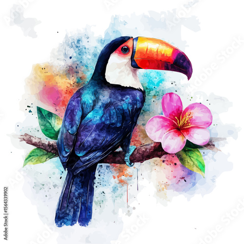 My Watercolor illustration with toucan on branch painting isolated on a white background, illustration, AI painting design, vector set, eps format, My illustration design