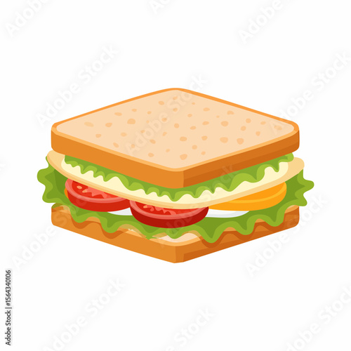 A square sandwich, filled with lettuce, tomato, egg, and cheese, displayed on a white background.