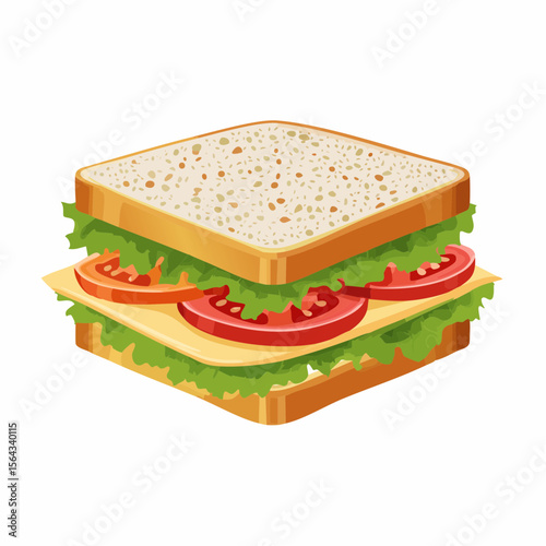 A delicious-looking sandwich filled with lettuce, tomato, and cheese between two slices of bread.