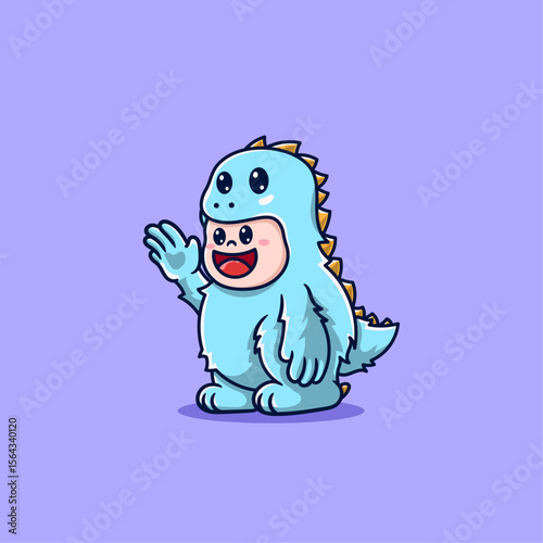 cute child wearing blue monster costume trex dinosaur cartoon