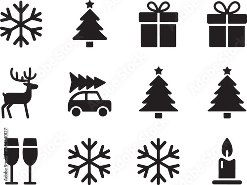 Festive Holiday Icons Featuring Snowflakes, Christmas Trees, Presents, Reindeer, Car with Tree, Champagne Glasses and Candle