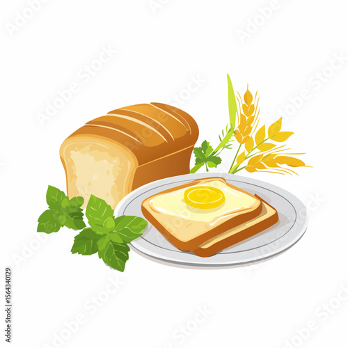 A loaf of bread, toast with egg, and fresh herbs arranged on a plate.