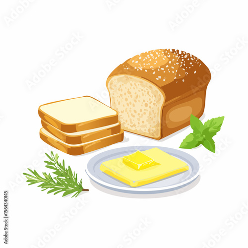 Illustration of a loaf of bread, slices, butter on a plate, rosemary, and mint.