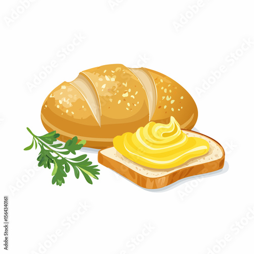 A loaf of bread with slices topped with butter, and fresh herbs, displayed on a white background.