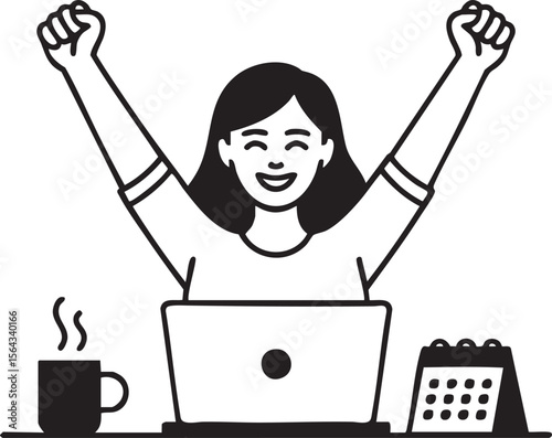 Happy Woman Working On Laptop With Raised Hands Celebrating Success Representing Achievement Remote Work And Productivity Concept

