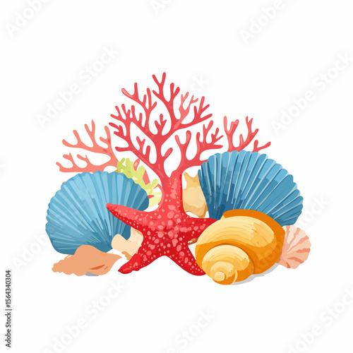 Vibrant coral reef illustration, showcasing a detailed, colorful branching coral structure against a white background.