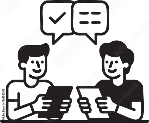 Two People Talking And Holding Documents With Speech Bubbles Icon Representing Communication Collaboration And Team Discussion

