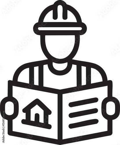 Construction Worker Icon Wearing Hard Hat And Holding Blueprint Plan With House Symbol Representing Building And Architecture

