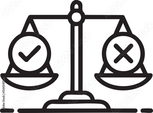 Balanced Justice Scale Icon With Check Mark And Cross Symbol Representing Right And Wrong Decision Legal Ethics Concept

