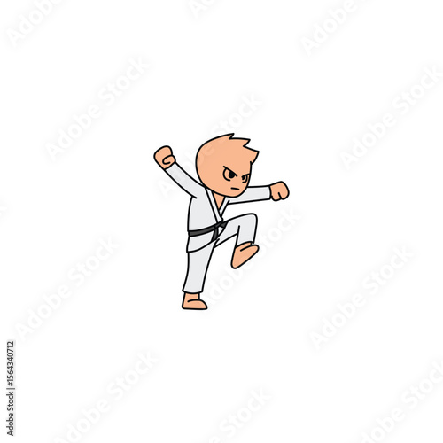 An icon of a cartoon character in a white gi with a black belt, executing a side kick with good balance and force.