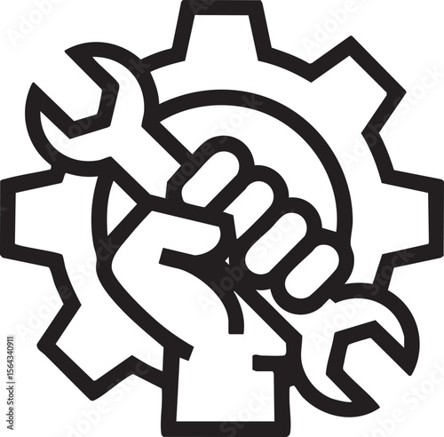 Hand Holding Wrench In Front Of Gear Icon Representing Repair Maintenance Engineering Industry Tools Mechanical Labor Power Service

