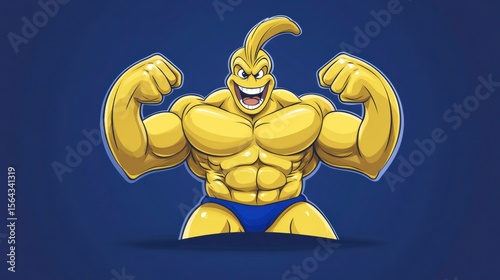 Cartoon Muscle Man Flexing Arms with Energetic Expression