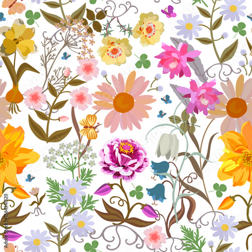 Chamomile, purslane, zinnia, dahlia, other flowers and tiny butterflies on wh...