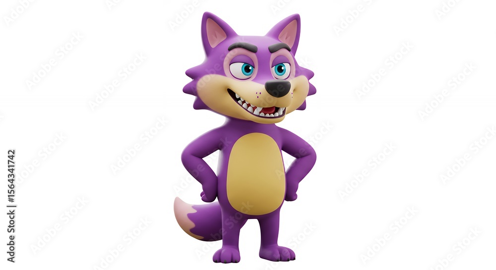 Obraz premium Cartoon purple wolf character hands on hips