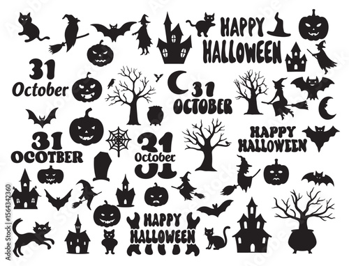 Set of Halloween Silhouettes – Pumpkins, Bats, Haunted Houses, Witches, Spiders and More for Seasonal Design