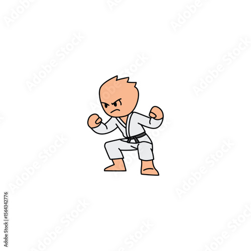 An icon of a cartoon character in a white gi with a black belt, in a focused and alert ready stance, anticipating action.