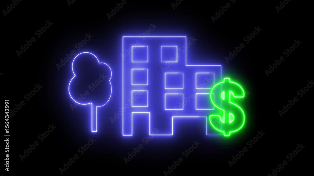 Neon light effect animation of a building icon with a money sign