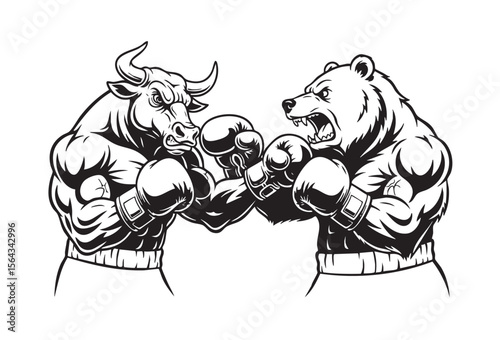 Vector illustration of a bull and a bear boxing, symbolizing market forces.