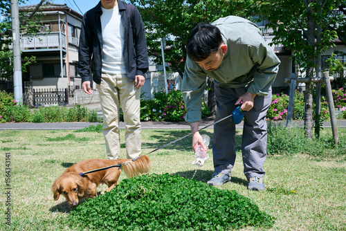 公園で犬を散歩させる男性たち