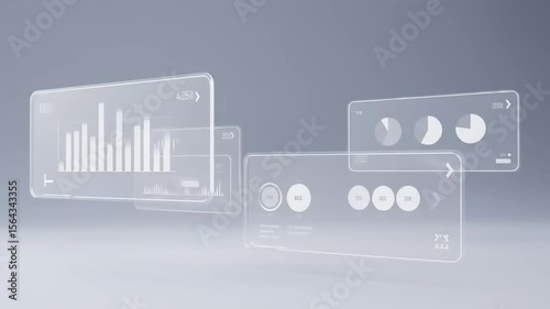 Transparent digital interface displaying various data visualizations with graphs and charts in a modern setting