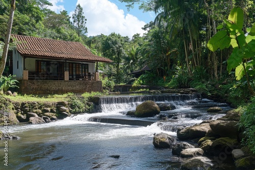 Serene Riverfront Bungalow Escape Tropical Paradise Lush Greenery Tranquil Waterfall