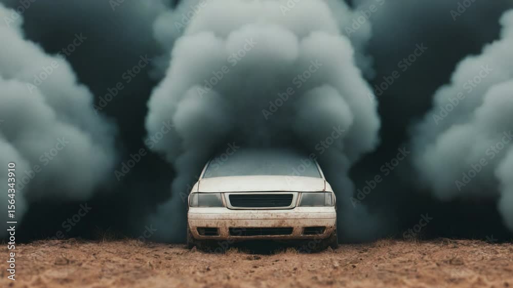 A weathered car sits on dry, cracked earth against a backdrop of thick, dark storm clouds, creating a dramatic and ominous atmosphere.