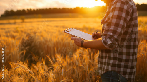 Farmer inspecting golden wheat crop at sunset with clipboard in hand for field assessment