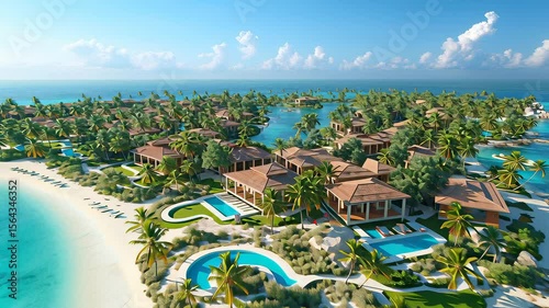 A beautiful island with a blue ocean and palm trees. The island is surrounded by water and has a lot of houses