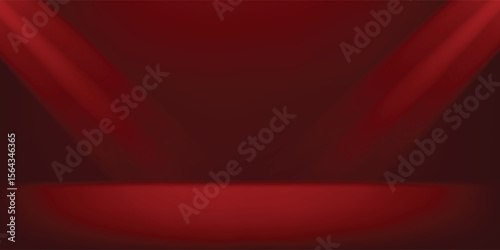 Red cylinder product podium in studio room interior with floor and wall, and neon light led lamps on top