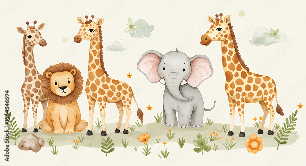 Obraz premium Cute Safari Animals in Watercolor Style for Baby Room Decor