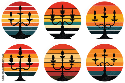 Set of six retro sunset vintage candelabra silhouettes with colorful stripes