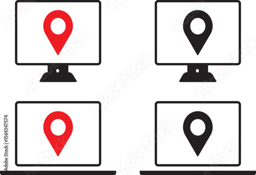Monitor and Location Map icon .Location Monitor Icon. Computer Screen Navigation, icons collection button,
