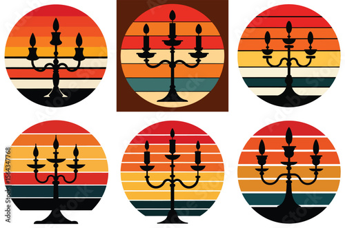 Vintage candelabra silhouette against retro sunset stripes design